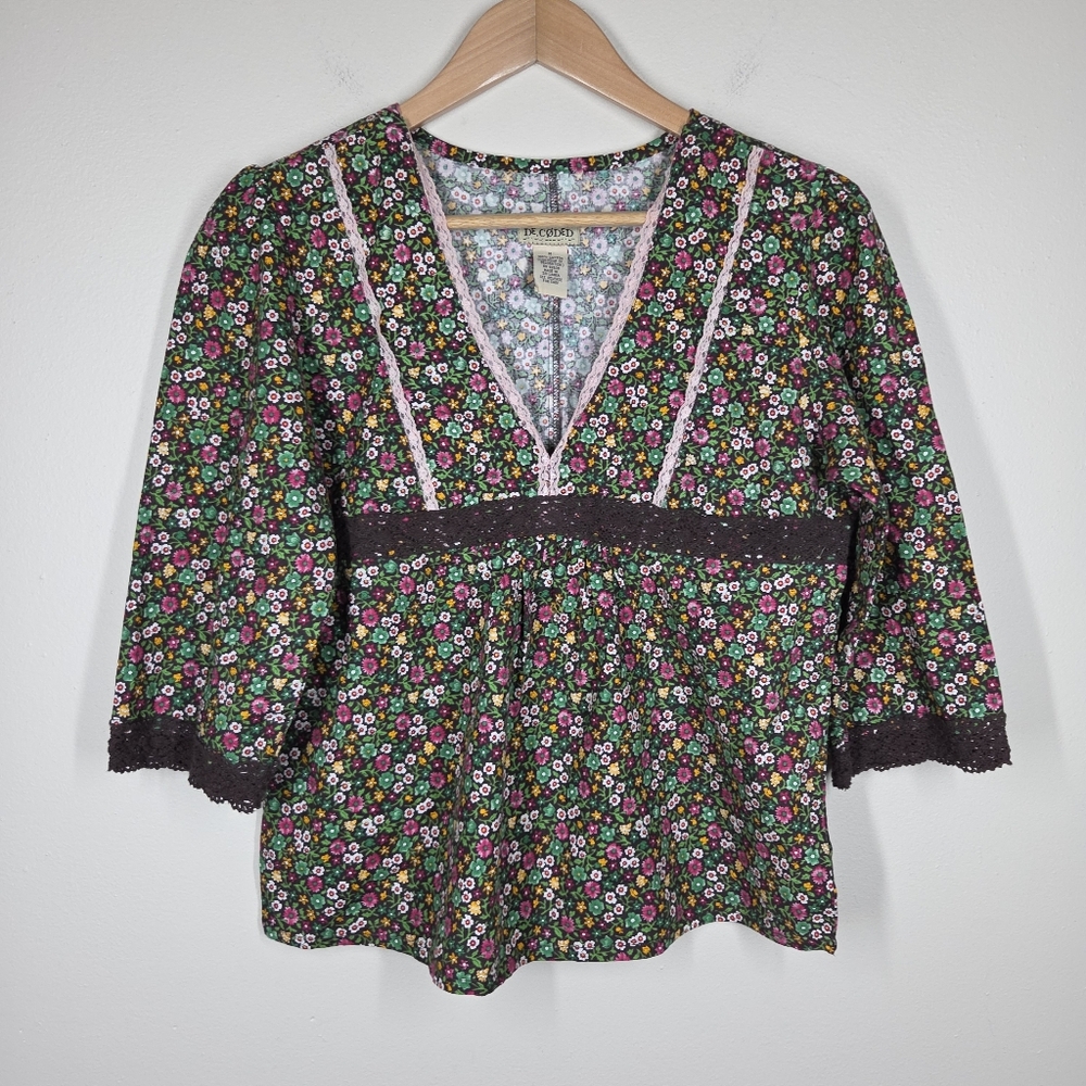 Vtg Y2K Brown Pink Floral Crochet Lace Trim Babydoll Top Medium Prairie Boho